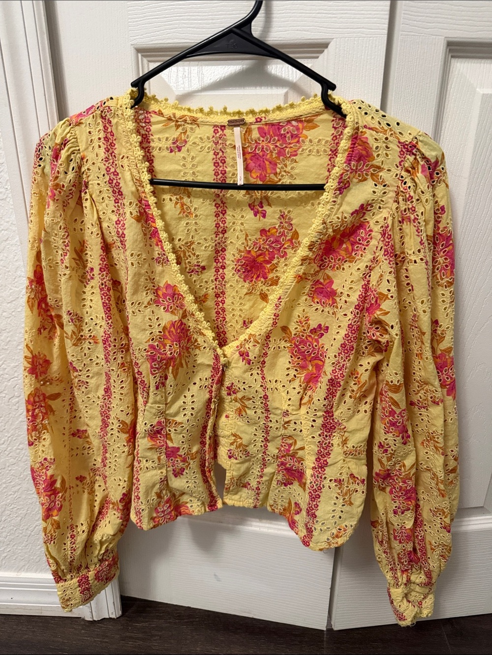 Free People Yellow Floral Eyelet V-Neck Blouse